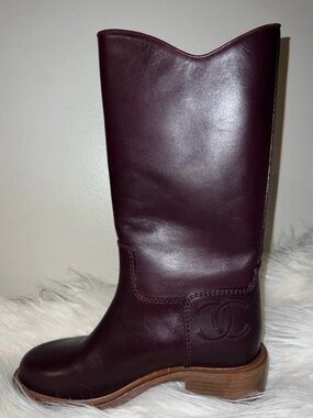 CHANEL Burgundy Leather Mid-Calf Logo Boot